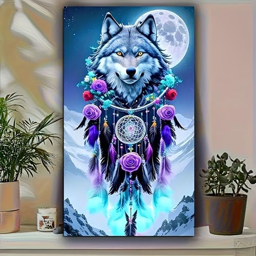 KUFWKEY Dreamcatcher Diamond Art,Wolf Diamond Art Kits for Adults, Full Round Drill Diamond Painting Kits,Animal Diamond Mosaic Art for Adults,Home Decor,Large Size,16x28 inch - color: 32532