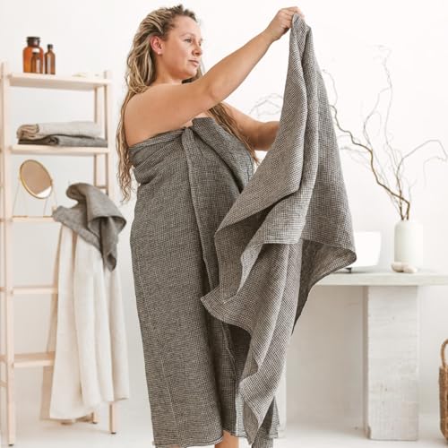 100% Linen Bath Sheet 35x70-inch Thin Waffle Weave Black-Natural XL Towel - color: Black Natural, size: Bath Sheet