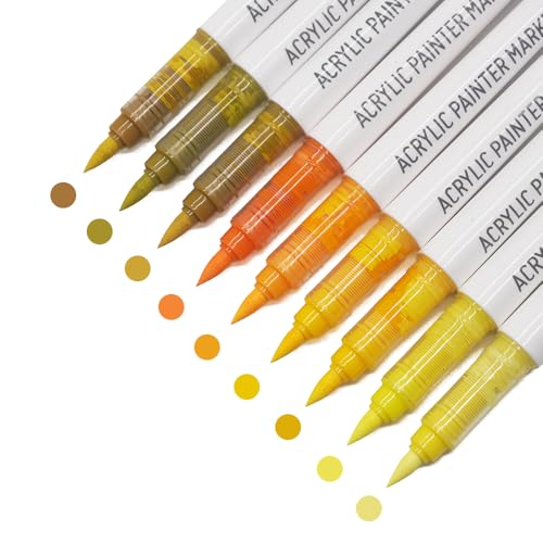 Water Based Acrylic Paint Markers, 9 Colors Paint Pen Set | Warm Yellow Series, Soft Brush Tip, Smooth Writing, Marker Pen for Rock Painting, Egg, Wood, Glass, Mugs, Black Paper - color: Warm Yellow Series