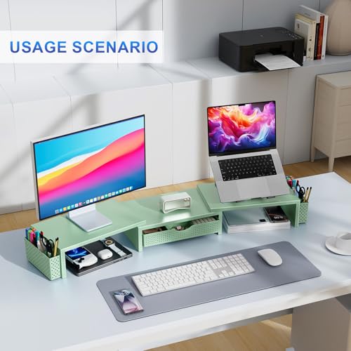 gianotter Dual Monitor Stand Riser With Drawer and 2 Pen Holders - color: Sage Green