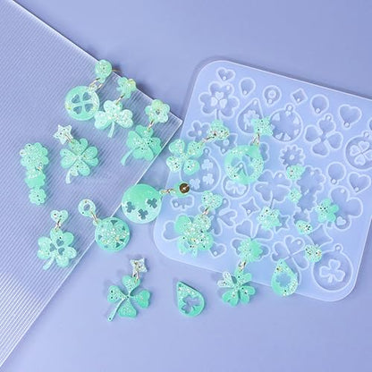 3 Pack St. Patrick's Day Resin Earring Molds Shamrock Earring Silicone Molds Irish Four-Leaf Clover Casting Epoxy Earring Resin Molds with 150 Earring Hook Kit for DIY Crafts Jewelry Making Keychains
