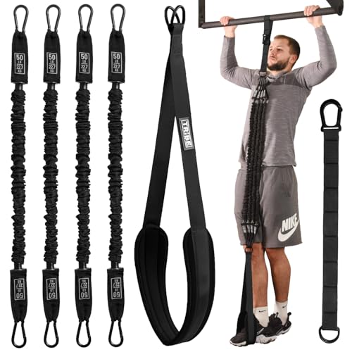 Pull Up Assistance Bands Set with 4 Levels, Adjustable Strap and Foot Rest | 50–200 lb stackable pull-up assistance, nylon-sleeved bands, adjustable support, reduced snap-back risk - color: Black