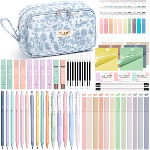 62PCS Aesthetic School Supplies Cute Back to School Supplies Stationary Set | College Preppy Essentials Kit with Large Pencil Pouch Case, Pastel Highlighters Gel Pens Mechanical Pencils for Student Girls - color: Blue Floral