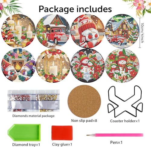 mrpwnle 8 Pcs Diamond Art Coasters Christmas Diamond Painting Coasters | Christmas Diamond Art Coasters Kit for Adults Christmas Diamond Painting Coasters with Holder DIY Diamond Dots for Gift Life - color: Christmas Coasters