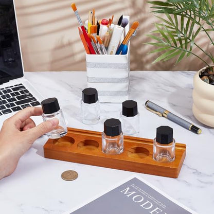 BENECREAT 5-Hole Calligraphy Ink Pot Holder Set, Wood Bottle Organizer Stands & 5Pcs Glass Fountain Pen Ink Bottle（15ml/ 0.5oz Decorative Desk Organizer for Office and Home Writing