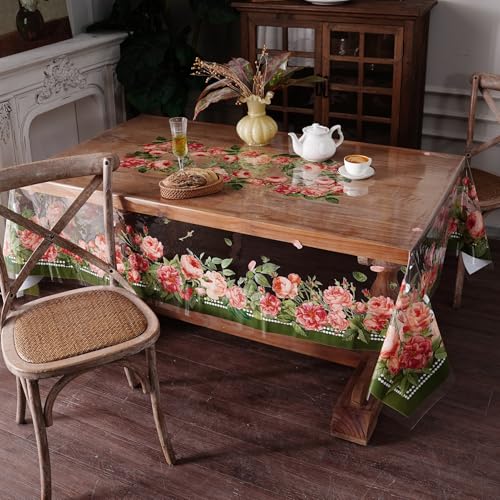 Clear Table Protector Cover Vinyl Rose PVC Tablecloth, 60"x104" | Dining Room, Kitchen Meals, Tabletop Protection, Easy Cleanup, Brunch, Parties, Holiday Gatherings, Everyday Use - color: Rose, size: 60" x 104" (Rectangular)