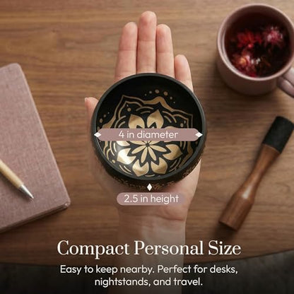 Silent Mind Tibetan Singing Bowl Set – Easy to Play & Beginner Friendly Meditation Bowl with Cushion & Mallet | Stress Relief & Mindfulness | Gift-Ready - color: Coal Black, size: Without Case