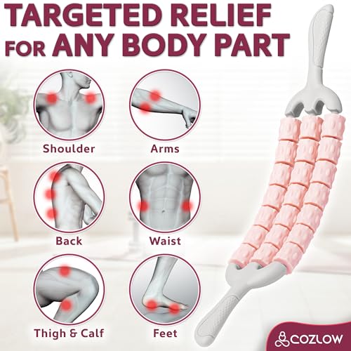 Triple Roller Massage Stick - Body Massager for Muscles - Fascia Rolling Tool - Deep Tissue Therapy for Myofascial Release and Lymphatic Drainage - Handheld Anti Cellulite Device - by Cozlow - color: Pink