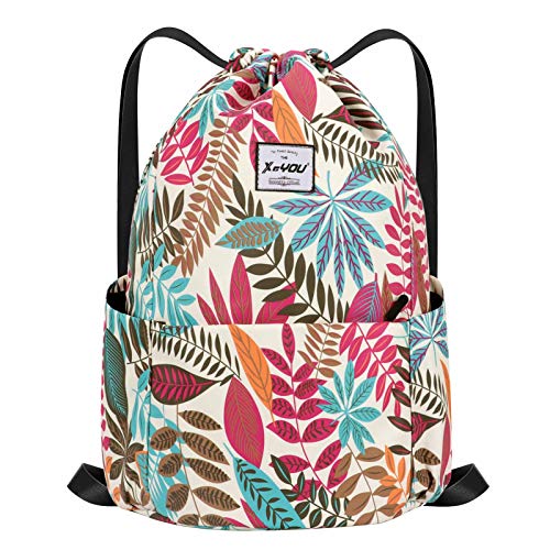XEYOU Drawstring Backpack Bag Sport Gym Sackpack Beach Cinch Bag | Lightweight Swimming Bag, Water-Resistant Fabric, Travel Daypack for Women and Men - color: Colorful Leaves Pattern