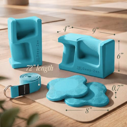 PRO Yoga Blocks | Ergonomic Yoga Block 2 Pack for Wrist Comfort and Support | EVA Foam Exercise Blocks, 2x Knee Pads & Yoga Strap | Pilates Block Set | Bricks to Eliminate Wrist Pain - color: Blue