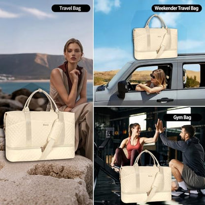 Weekender Bag, Large Travel Duffel Bag for Women, Carry on Overnight Bag with Shoe Compartment and Toiletry Bags - color: H-3PCS Beige White