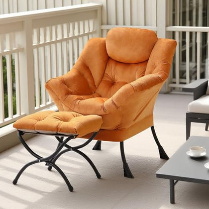 Tiita Lazy Chair with Ottoman, Comfy Reading Accent Chair, Velvet Orange - color: Orange
