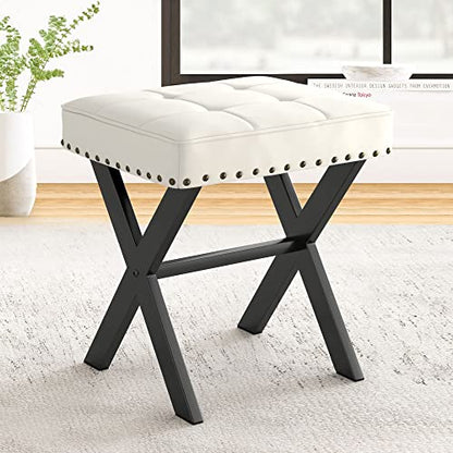 LUE BONA White Vanity Stool - Square Faux Leather Makeup Seat With Metal X Legs, Small Ottoman Chair for Makeup Room, Living Room, Bathroom - Padded Foot Rest - color: White Color