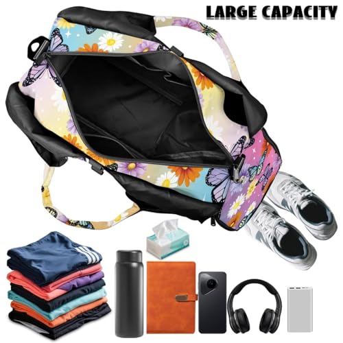 Yoga Gym Bag with Removable Adjustable Shoulder Strap, Shoe Compartment & Top Yoga Mat Holder 17.72x8.66x9.84in - color: Butterfly Daisy Gradient Print