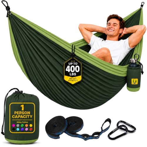 Durable Hammock 400 lb Capacity, Nylon Camping Hammock Chair - Double or Single Sizes w/Tree Straps and Attached Carry Bag - for Travel/Backpacking/Beach/Backyard (Medium, Forest Green & Lima Green) - color: Forest Green & Lima Green, size: Medium