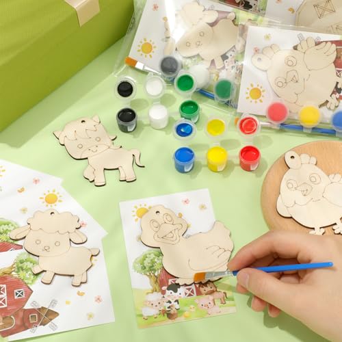 24 Pcs Farm Animals Party Favors Wooden Paint Craft Kits | Farm Theme Birthday DIY Activity, Animal Shapes with Barn,Organza Bags for Goodie Bag Fillers - style: Farm Animal