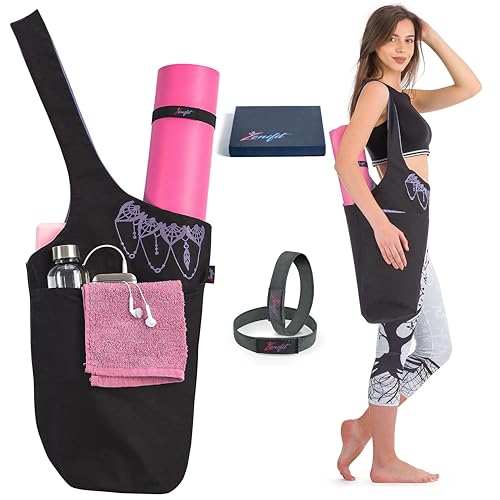 Yoga Mat Bag & Carrier with Pockets for Women | Holds yoga & pilates mats up to 72 in, Fits thick mats, Water bottle & zip pockets, 2 mat straps included, Gift-boxed - color: Black & Lavender Purple
