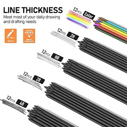 Four Candies 2MM Mechanical Pencil Set with Case, Metal, 60 Lead Refills | HB 2H 2B 4B Color graphite, with eraser, sharpener, leather case, for school writing, sketching, art drawing & drafting - size: 9 Piece Set