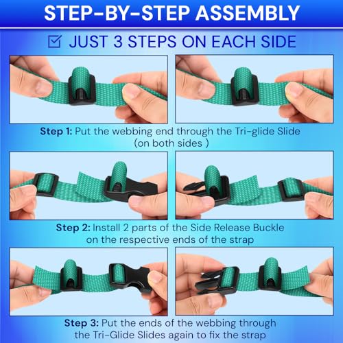 TECEUM 3/4" Nylon Strap Kit with Buckles, Turqouise 6 yards Repair Set | Heavy duty hardware kit: 6yd webbing, 6 quick release buckles, 12 tri-glide slide clips, 6 metal D-rings for crafting. - color: Turqouise, size: 3/4" - 6 yards, style: 6 Buckle - 12