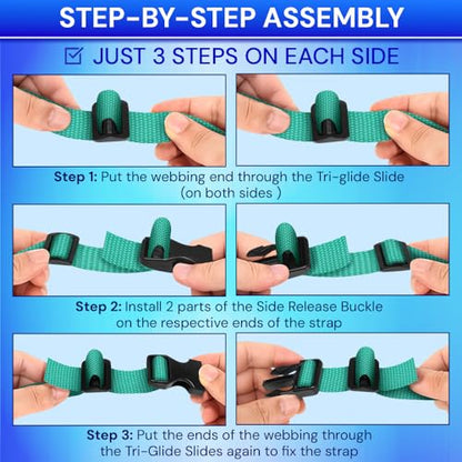 TECEUM 3/4" Nylon Strap Kit with Buckles, Turqouise 6 yards Repair Set | Heavy duty hardware kit: 6yd webbing, 6 quick release buckles, 12 tri-glide slide clips, 6 metal D-rings for crafting. - color: Turqouise, size: 3/4" - 6 yards, style: 6 Buckle - 12
