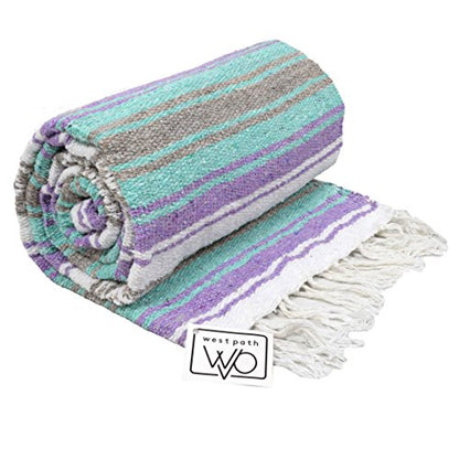 Open Road Goods Multi Color Mexican Falsa Blanket - Handwoven in Mexico - Great for The Beach, Picnics, Yoga, or a Throw! (Mint/Purple) - color: Mint/Purple