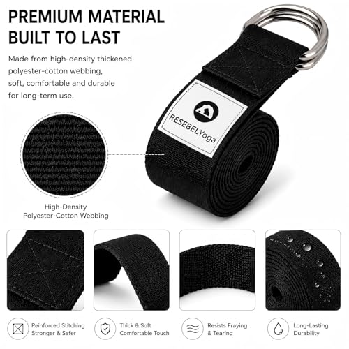 Yoga Strap for Stretching, Non-Elastic Yoga Belt with D-Ring | Thickened cotton strap in 6ft & 8ft sizes for Pilates, gym workouts, physical therapy, flexibility and posture support - color: Black, size: 6Feet/1.8M