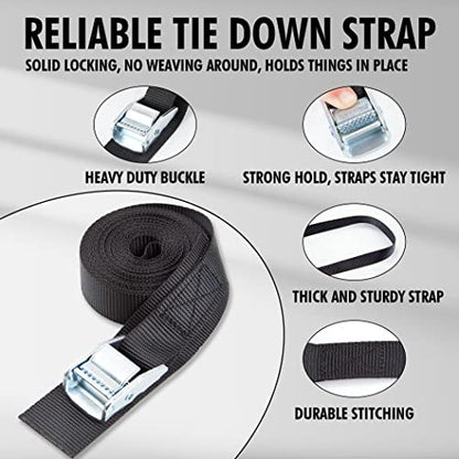 Cartman 1" x 15 ft Cam Buckle Straps, 8 Pack, 600 lb Break Strength, Black - color: Black, size: 8 PK