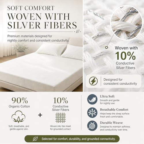 Amysmart 2.0 Grounding Sheet Kit - 10% High-Density Silver Fiber & 90% Organic Cotton - 15" Deep Pocket Fitted Sheet - Bio-Electrical Balance Bedding with Tester Pen (White, King) - color: White, size: King