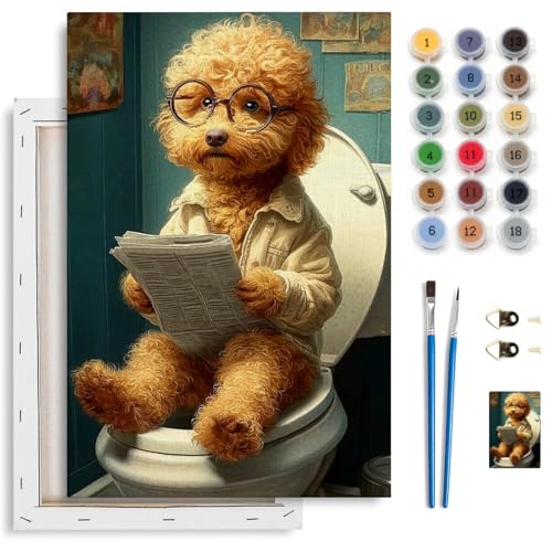 Spandrel Framed Paint by Numbers Kit for Adult, Goldendoodle Dog with Glasses Reading Newspaper on Toilet Paint by Number Kits on Canvas, DIY Acrylic Number Painting for Home Wall Decor, 8x12In - color: Poodle Reading Newspaper on Toilet