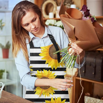 Apron with Pockets, 32x28 inch, for Women Men, Black White Flower | Sunflowers Striped Waterproof Adjustable Bib Aprons for Kitchen Cooking Baking Painting Gardening - color: Sunflower