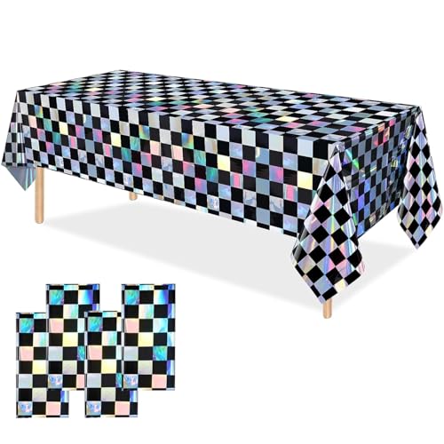 OQOQ Iridescent Checkered Tablecloth (4 Packs, Black&Sliver) - 54x108 Inches Iridescent Party Decorations Rectangular Disposable Plastic Table Cover for Graduation Birthday Disco Retro Race Party - color: Black Silver Checkered