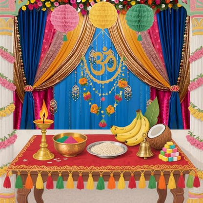 Yeele 6x4ft India Pooja Backdrop Diwali Marigold Blue Curtain Background for Photography Indian Ganpati Puja Traditional Wedding Festival Party Decoration Photo Booth Props - size: 6x4ft