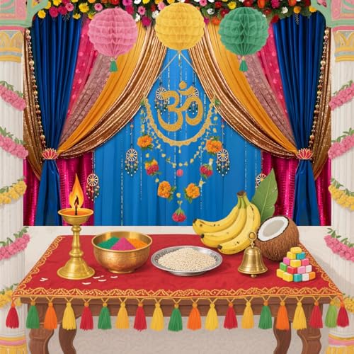 Yeele 5x4ft India Pooja Backdrop Diwali Marigold Blue Curtain Background for Photography Indian Ganpati Puja Traditional Wedding Festival Party Decoration Photo Booth Props - size: 5x4ft