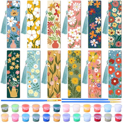 Kosiz 12 Pcs Butterfly Flowers Paint by Number Kit for Adult Wood Bookmark | Mini Paint by Numbers Kit, Painting Decor, Tassels Blank Bookmarks, for Small DIY Craft Book Lovers Gift 7x2 '' - style: Butterfly Flowers Theme
