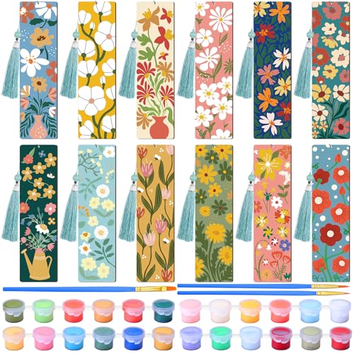 Kosiz 12 Pcs Butterfly Flowers Paint by Number Kit for Adult Wood Bookmark | Mini Paint by Numbers Kit, Painting Decor, Tassels Blank Bookmarks, for Small DIY Craft Book Lovers Gift 7x2 '' - style: Butterfly Flowers Theme