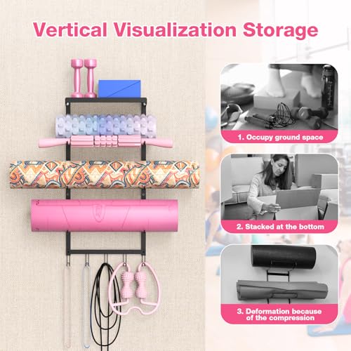 Yoga Mat Holder Wall Mount, 4-Tier Yoga Mat Holder with Shelf