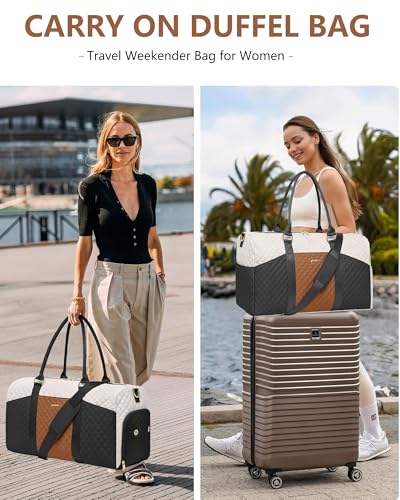 Women Weekender Travel Duffle Bag: Travel Duffel Overnight Bags with Shoe Compartment Large Carry on Tote with Toiletry Bag Weekend Traveling Yoga Gym Hospital Bag for Women with Wet Pocket - color: 10-Black Beige Brown, size: Large
