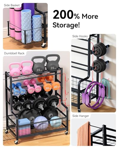 4 Tiers Large Capacity Dumbbell Rack [Thickened High-Strength Steel] Home Gym Storage for Dumbbells Kettlebells Yoga Mat and Balls, All in One Workout Storage Rack with Wheels and Hooks