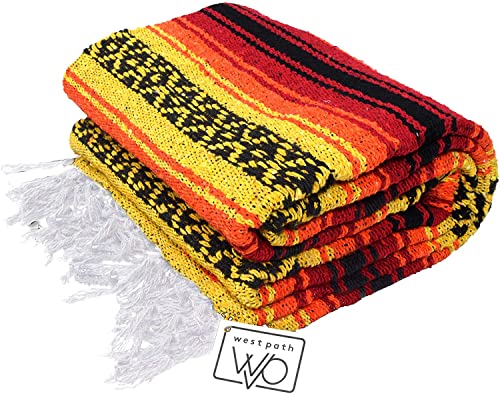 Open Road Goods Heavyweight Mexican Falsa Yoga Blanket, Extra Thick with Stripes - Great Beach, Picnic, or Throw - Handmade Sunfire Red, Orange, and Black Colors - color: Orange, Red, Black