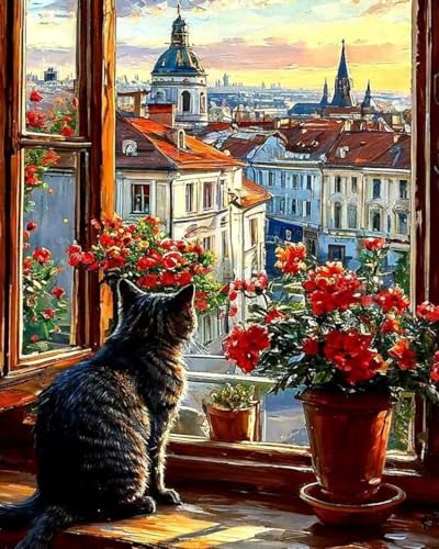 ZRIZQ Paint by Numbers Kit for Adults Beginner,Cityscape Cat,16x20 | Full set with wooden brushes,rolled canvas,rich paints.Calming activity.Beginner friendly.Just open and paint. - color: 16"X20"Rolled Canvas(Frameless)-Cityscape Cat