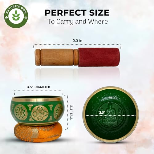 Nature's Own Tibetan Singing Bowl Set- Easy to Play- Meditation Sound Bowl Handcrafted in Nepal for Yoga, Mindfulness, Chakra Healing, Stress Relief - Spiritual Gifts (3.5 Inch, Green) - color: Geen