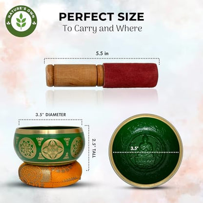 Nature's Own Tibetan Singing Bowl Set- Easy to Play- Meditation Sound Bowl Handcrafted in Nepal for Yoga, Mindfulness, Chakra Healing, Stress Relief - Spiritual Gifts (3.5 Inch, Green) - color: Geen