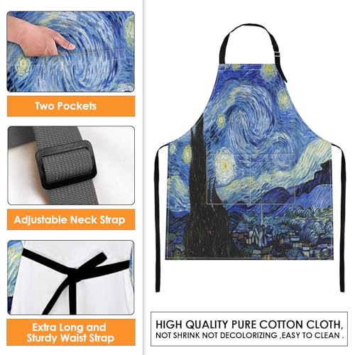 Apron with Pockets, 32x28 inch, for Women Men, Blue | Starry Night Oil Painting Waterproof Adjustable Bib Aprons for Kitchen Cooking Baking Painting Gardening - color: Van Gogh Oil Painting