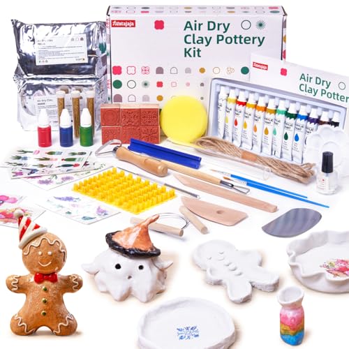 Air Dry Clay Kit for Adults, Pottery Kit for Beginners, 48 PCS Clay Kit with Acrylic Paints, Stamps, Sculpting Tools & Step-by-Step Guide - Crafts for Birthdays Xmas Gift & Decor