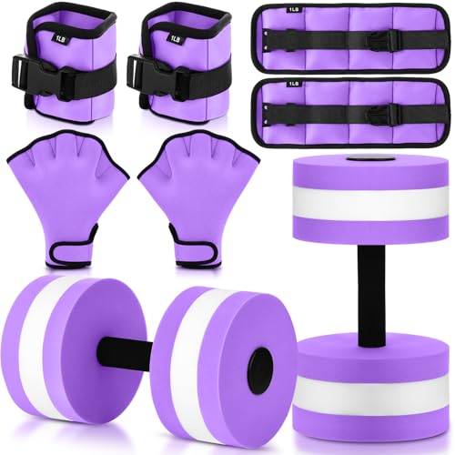Hollowfly 6 Pcs Water Aerobics Equipment Set Full Body Pool Exercise Kit, 2 Aqua Dumbbells, 2 Adjustable Ankle/Wrist Weights, 2 Webbed Swim Gloves, Low Impact Aquatic Workout Gear - color: Purple, size: 1lb