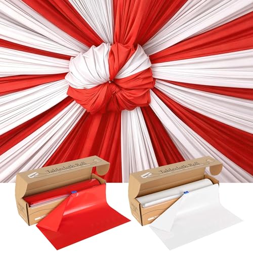 2 Rolls 100FT x 54IN Circus Plastic Tablecloth Roll with Slide Cutter Box | Heavy Duty White & Red Solid Color Disposable Table Cover Wall Backdrop, Cut-to-size for Halloween, Carnival & Party Buffets - color: White,red, size: 2400" x 54" (Rectangular)