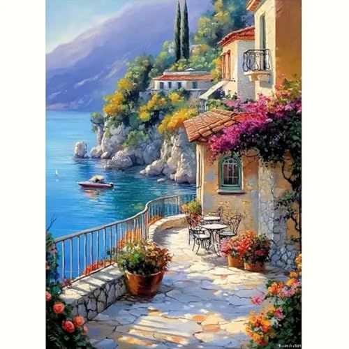 GEMOUJ Paint by Numbers Kits for Adult,Scenery Paint by Numbers Kit for Seaside Town, DIY Acrylic Painting on Canvas for Adult, Home Wall Decor 16 x 20 inch - color: GM08