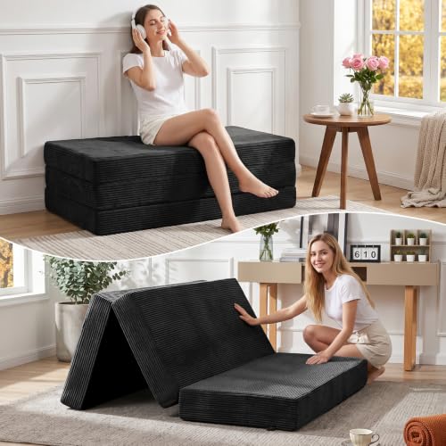 6 Inch Tri Fold Memory Foam Mattress Full Size, Foldable Futon Mattress Topper with Removable Washable Cover, Portable Floor Sofa Bed Guest Mat with Carry Handles & Non-Slip Bottom for Camping - color: Black, size: Full