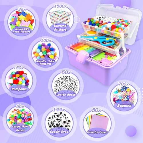 3000 Arts and Crafts Supplies for Kids Craft Kit Craft Box with Pipe Cleaners Arts and Crafts for Kids Age 4-6, 6-8, 8-12 DIY School Supplies Materials Set Toys Gifts for Girls Boys Toddlers, Purple - color: purple
