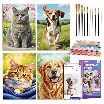 Caydo 4 Pack Custom Paint by Numbers from Photo, A4 | Custom Paint by Numbers Kit for Adults via App, 10 Brushes & 60 Colors, Relaxing Crafts Gift to Create Home Wall Art - size: 8.3"x11.7"